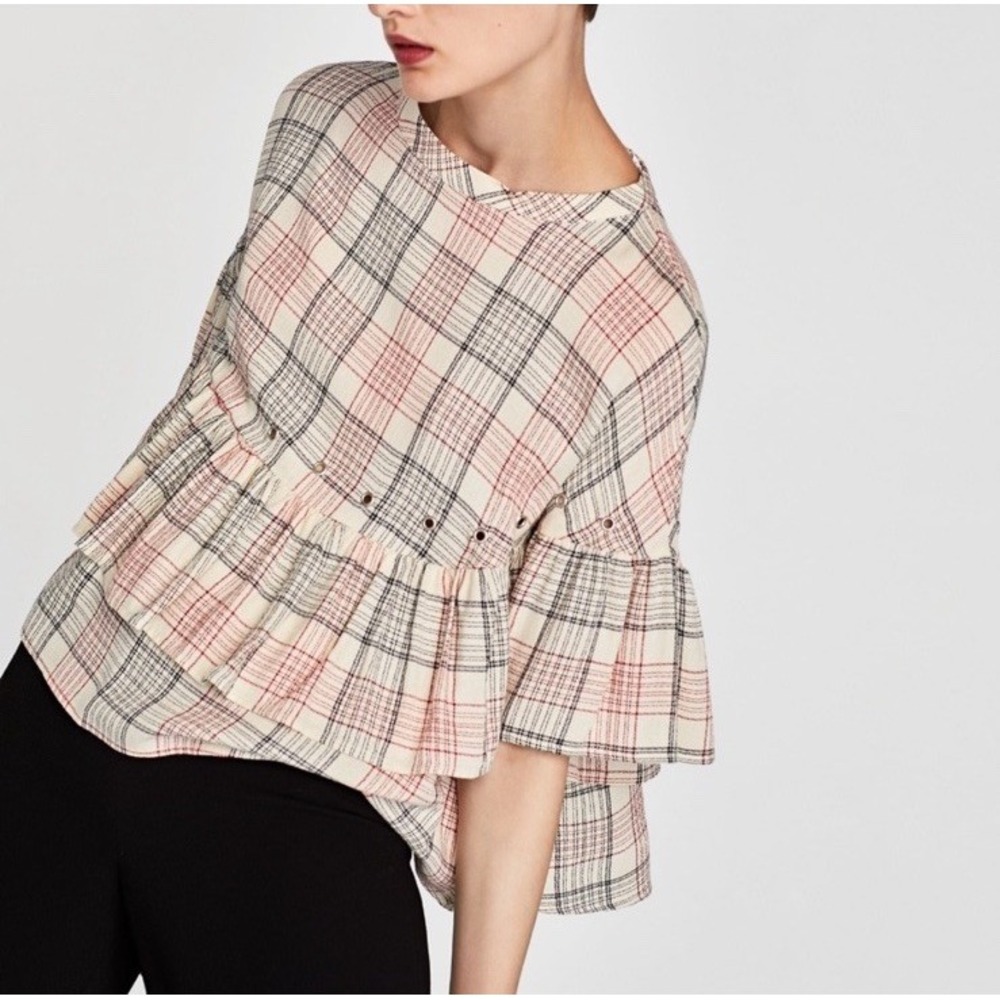Zara Basix Z1975 Denim Plaid Blouse Size M Beige Red Checker Ruffle Peasant Top